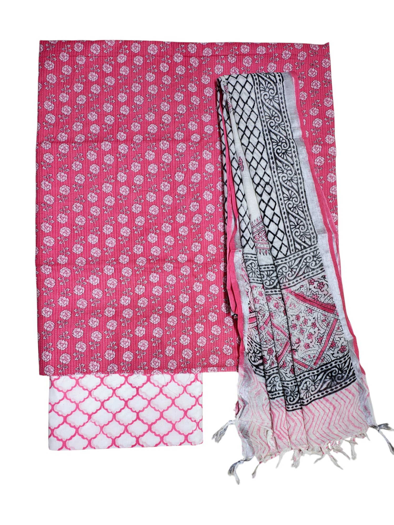 Pink Kantha Sanganeri Print Unstitched Salwar Suit Set with Linen Dupatta