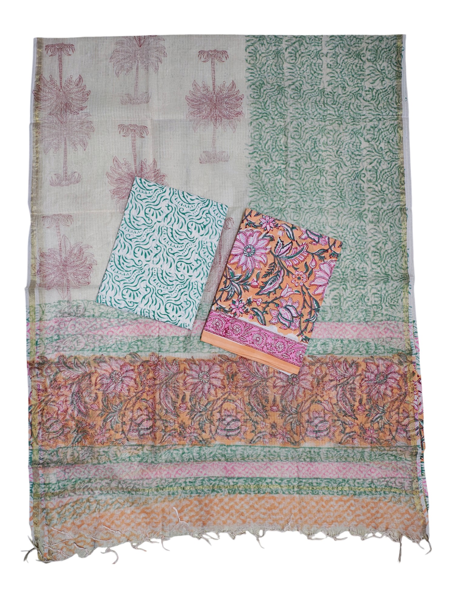 Peach Kota Doria Hand Block Print Unstitched Suit Set for Women
