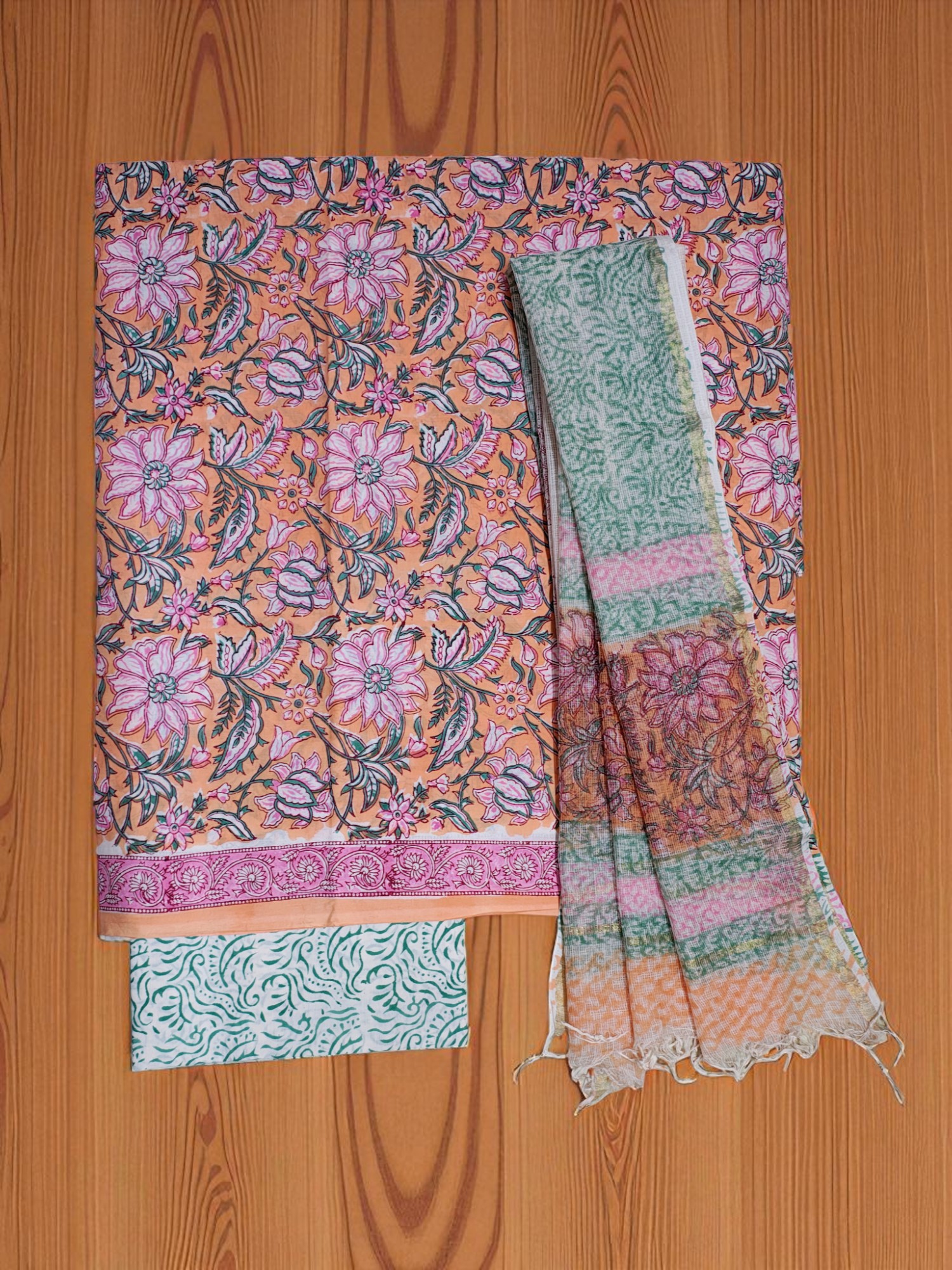 Peach Kota Doria Hand Block Print Unstitched Suit Set for Women