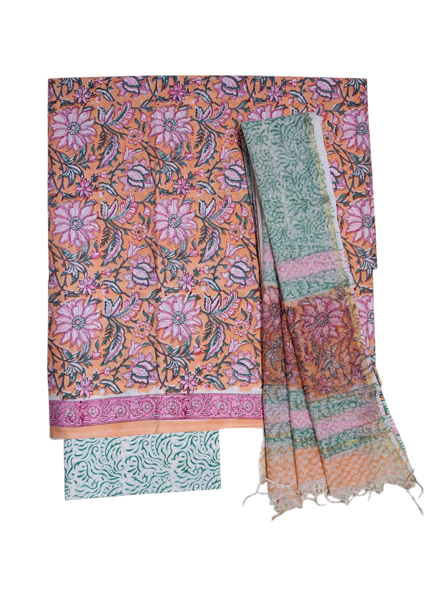 Peach Kota Doria Hand Block Print Unstitched Suit Set for Women