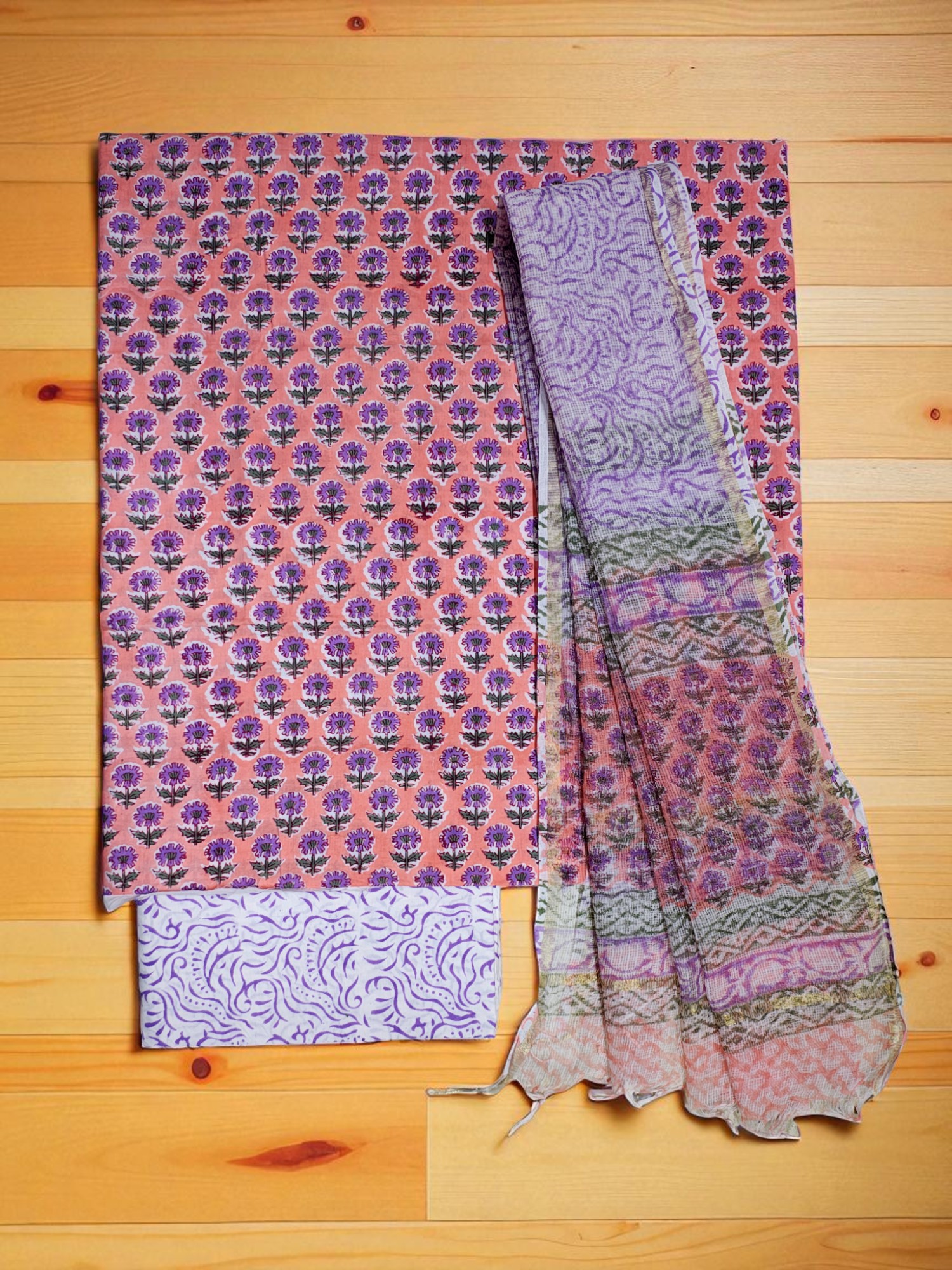 Pink Kota Doria Unstitched Suit Set for Women