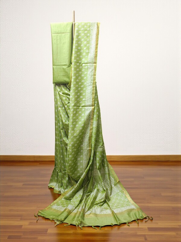 Green Block Print Silk Saree with Running Blouse