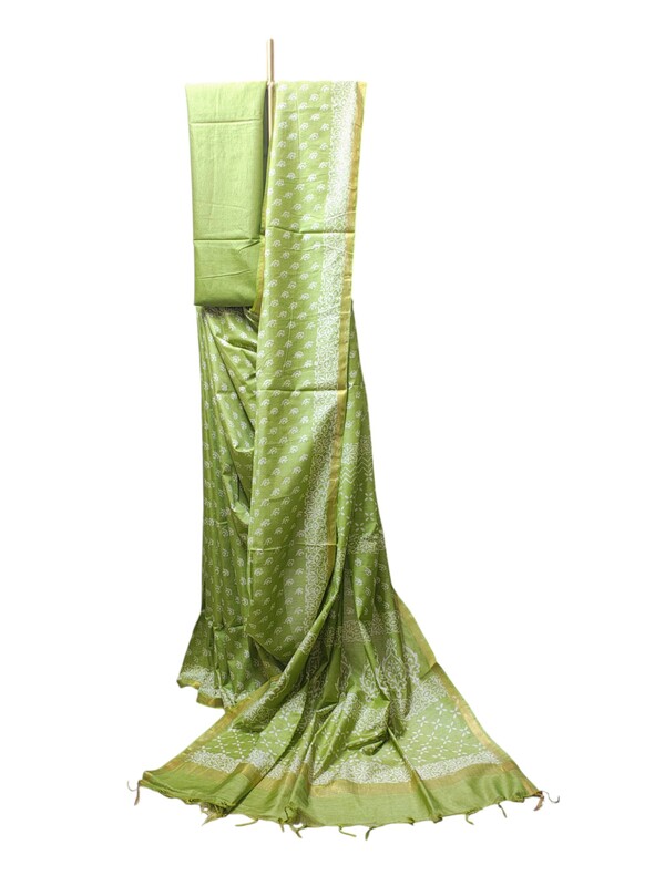 Green Block Print Silk Saree with Running Blouse