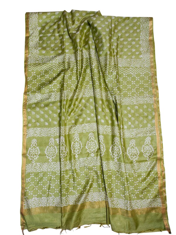 Green Block Print Silk Saree with Running Blouse