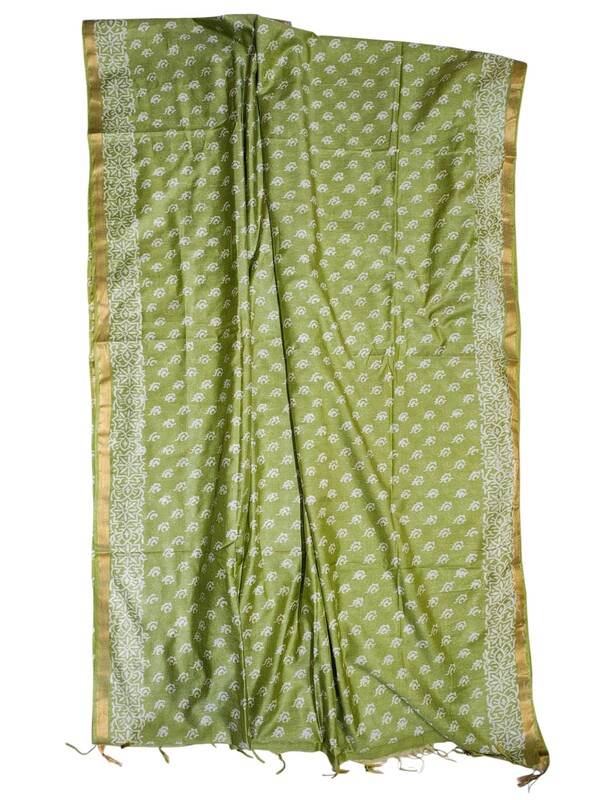 Green Block Print Silk Saree with Running Blouse
