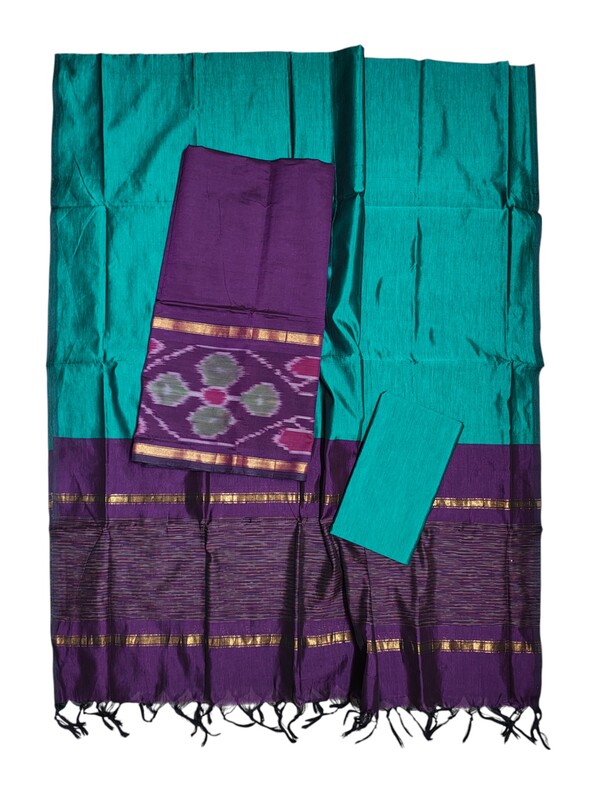Purple & Orange Pochampally Ikkat Silk Dress Material with Dupatta