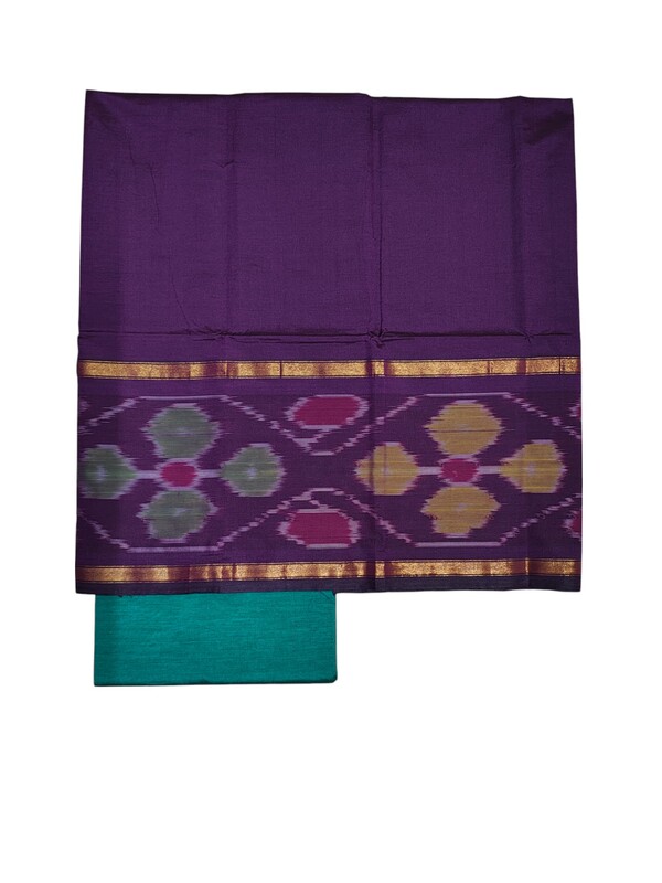 Purple & Orange Pochampally Ikkat Silk Dress Material with Dupatta