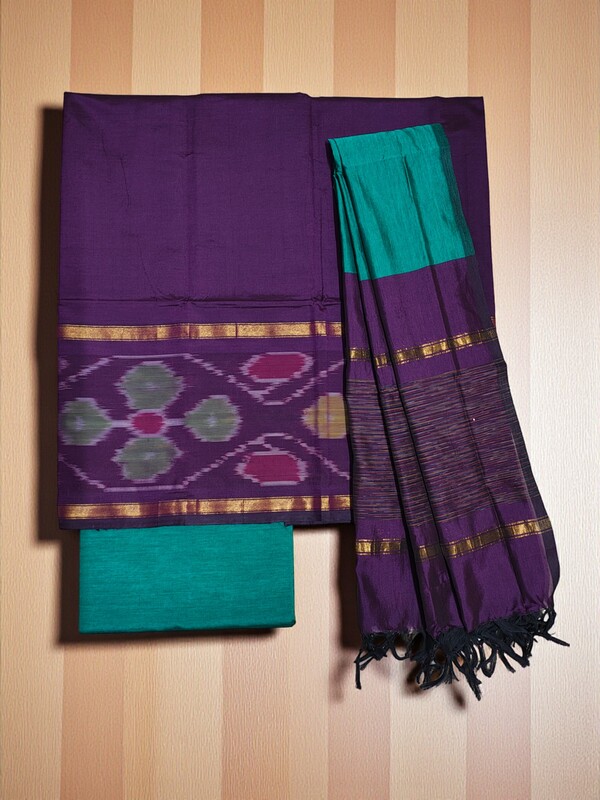Purple & Orange Pochampally Ikkat Silk Dress Material with Dupatta