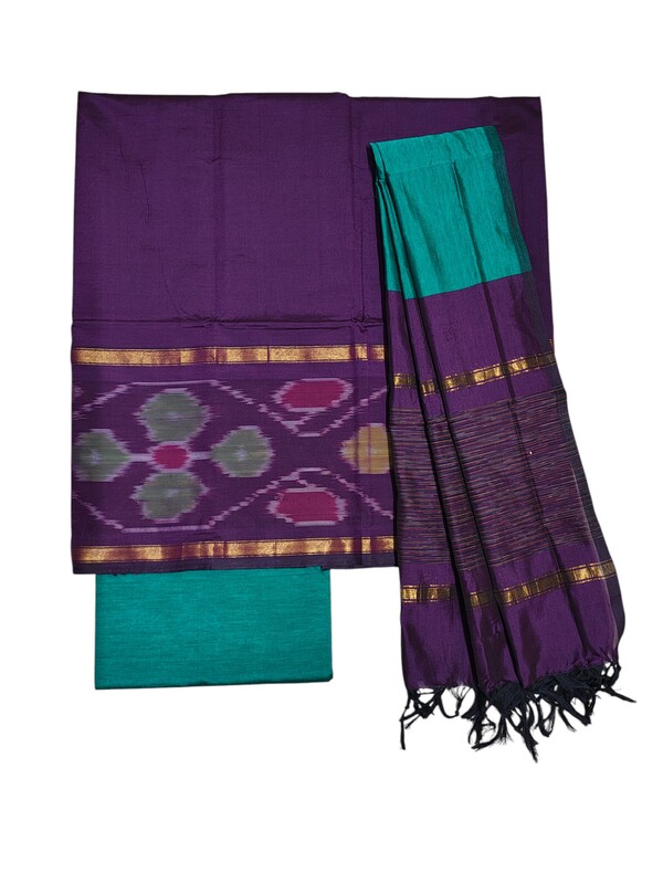 Purple & Orange Pochampally Ikkat Silk Dress Material with Dupatta