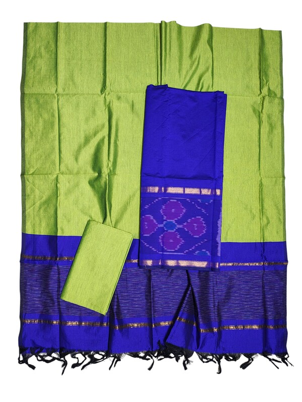 Blue & Green Pochampally Ikkat Silk Dress Material with Dupatta