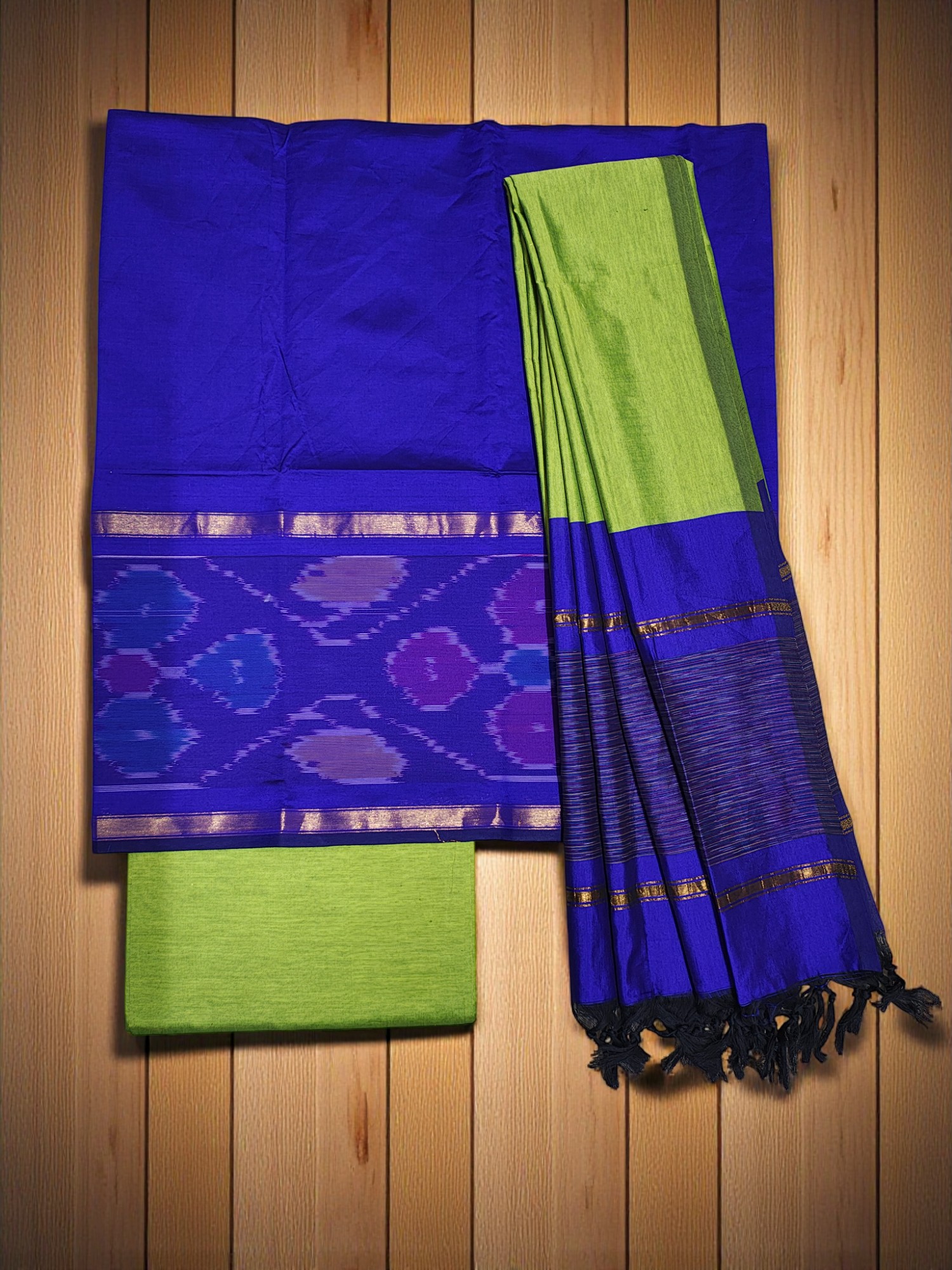 Blue & Green Pochampally Ikkat Silk Dress Material with Dupatta