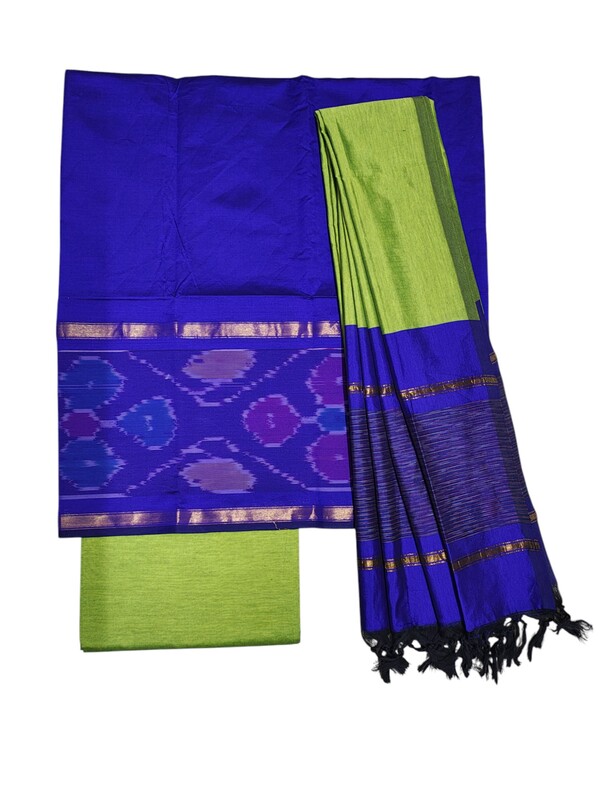Blue & Green Pochampally Ikkat Silk Dress Material with Dupatta