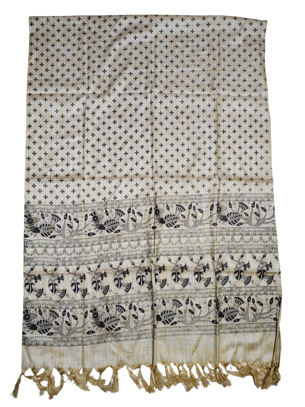 Black Madhubani Print Cotton Silk Dupatta for Women