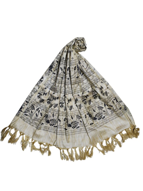 Black Madhubani Print Cotton Silk Dupatta for Women