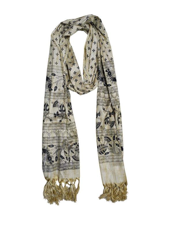 Black Madhubani Print Cotton Silk Dupatta for Women