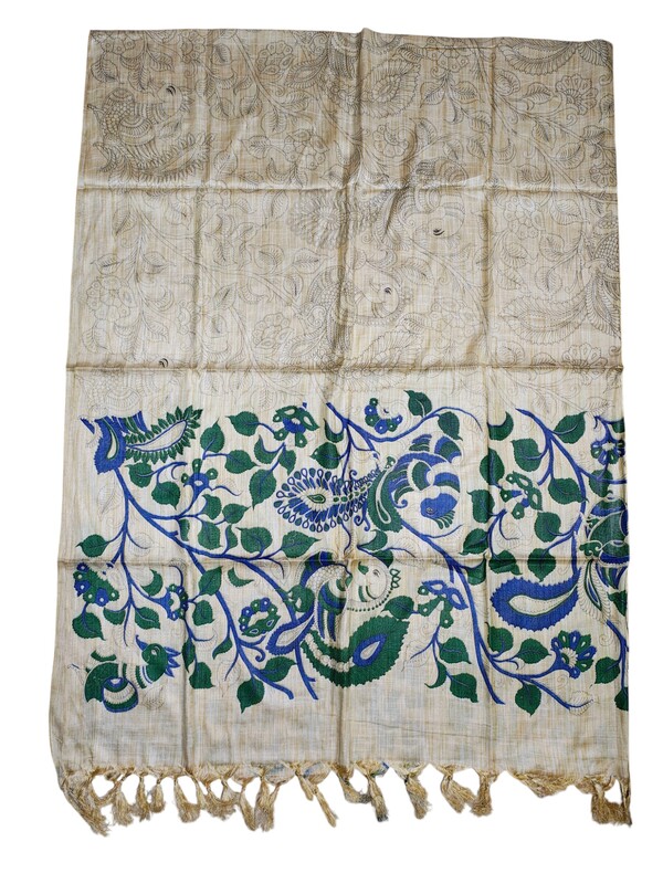 Indigo & Green Kalamkari Print Cotton Silk Dupatta for Women