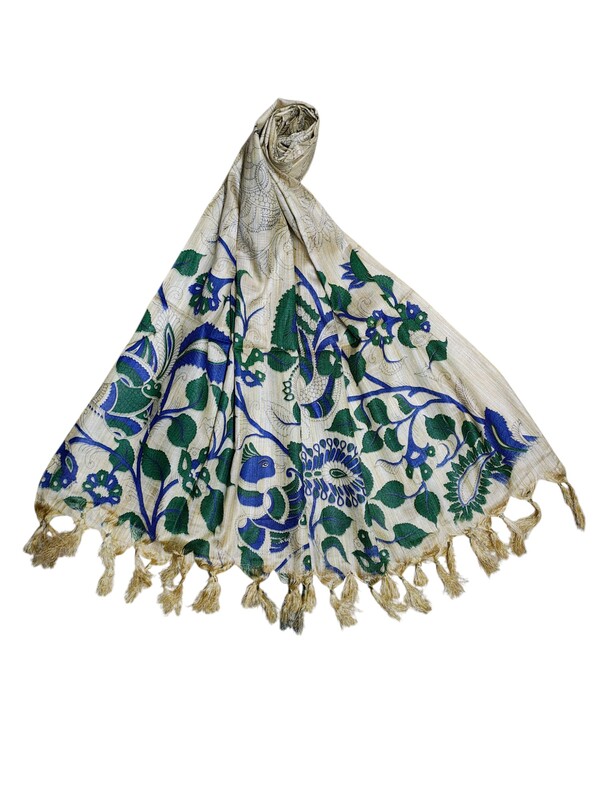 Indigo & Green Kalamkari Print Cotton Silk Dupatta for Women