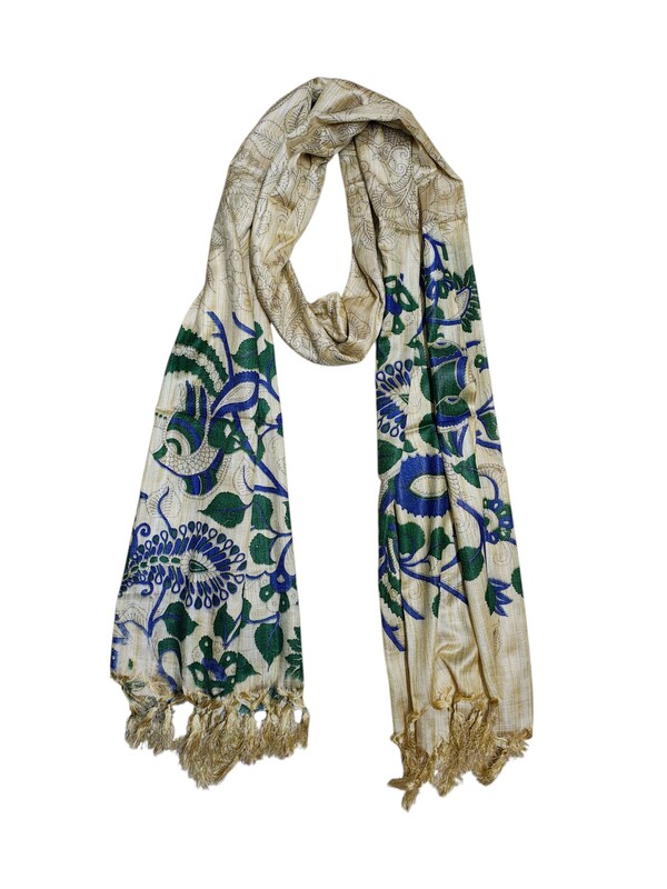 Indigo & Green Kalamkari Print Cotton Silk Dupatta for Women