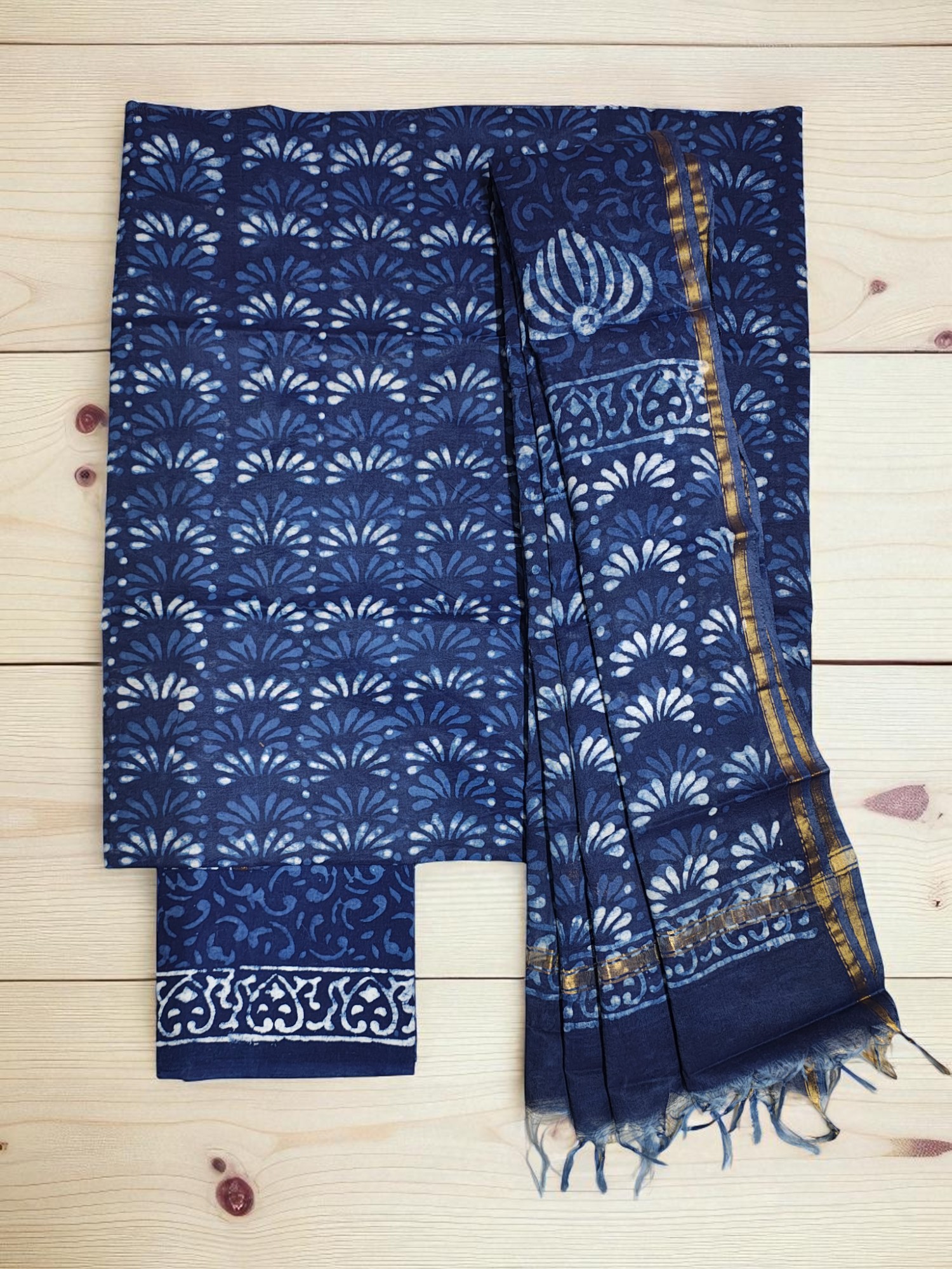 Indigo Chanderi Silk Unstitched Suit Set