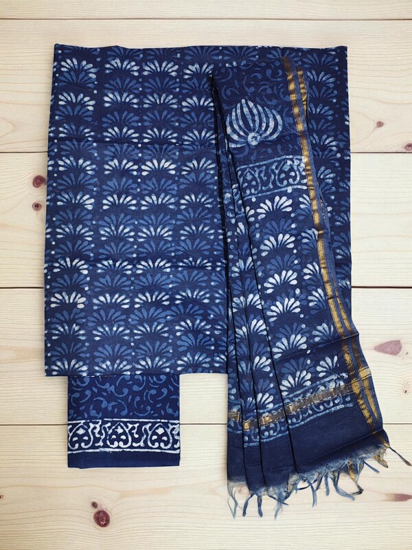 Indigo Chanderi Silk Unstitched Suit Set