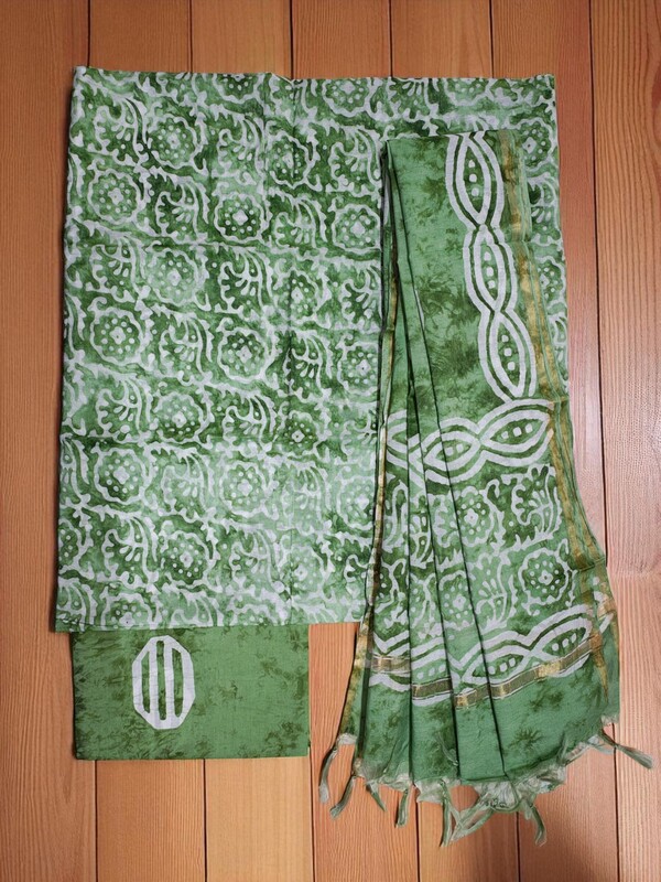 Green Chanderi Silk Unstitched Suit Set