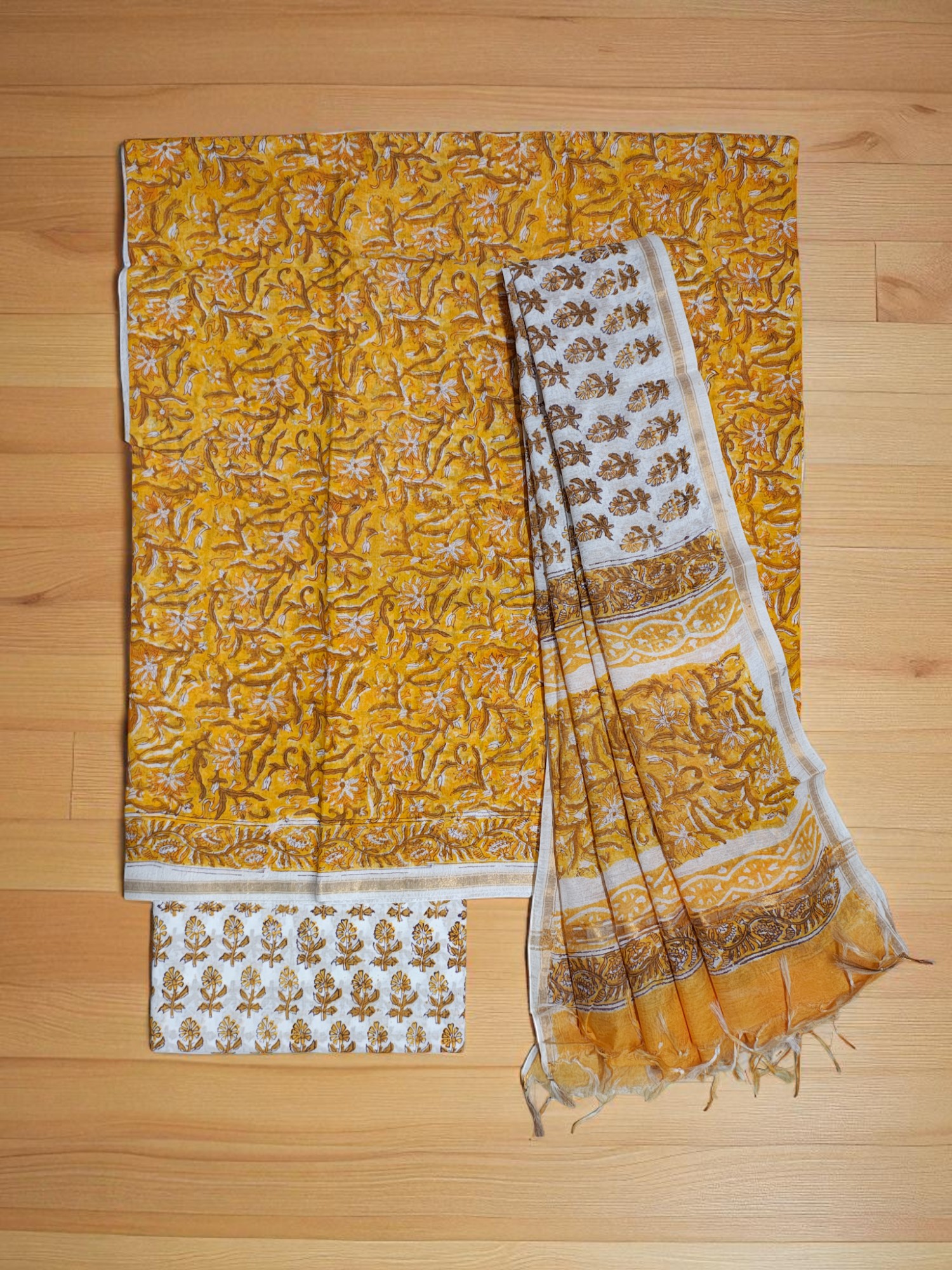 Mustard Chanderi Silk Unstitched Suit Set