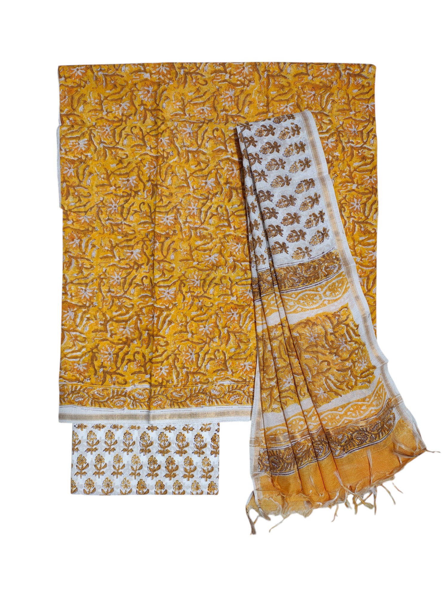 Mustard Chanderi Silk Unstitched Suit Set
