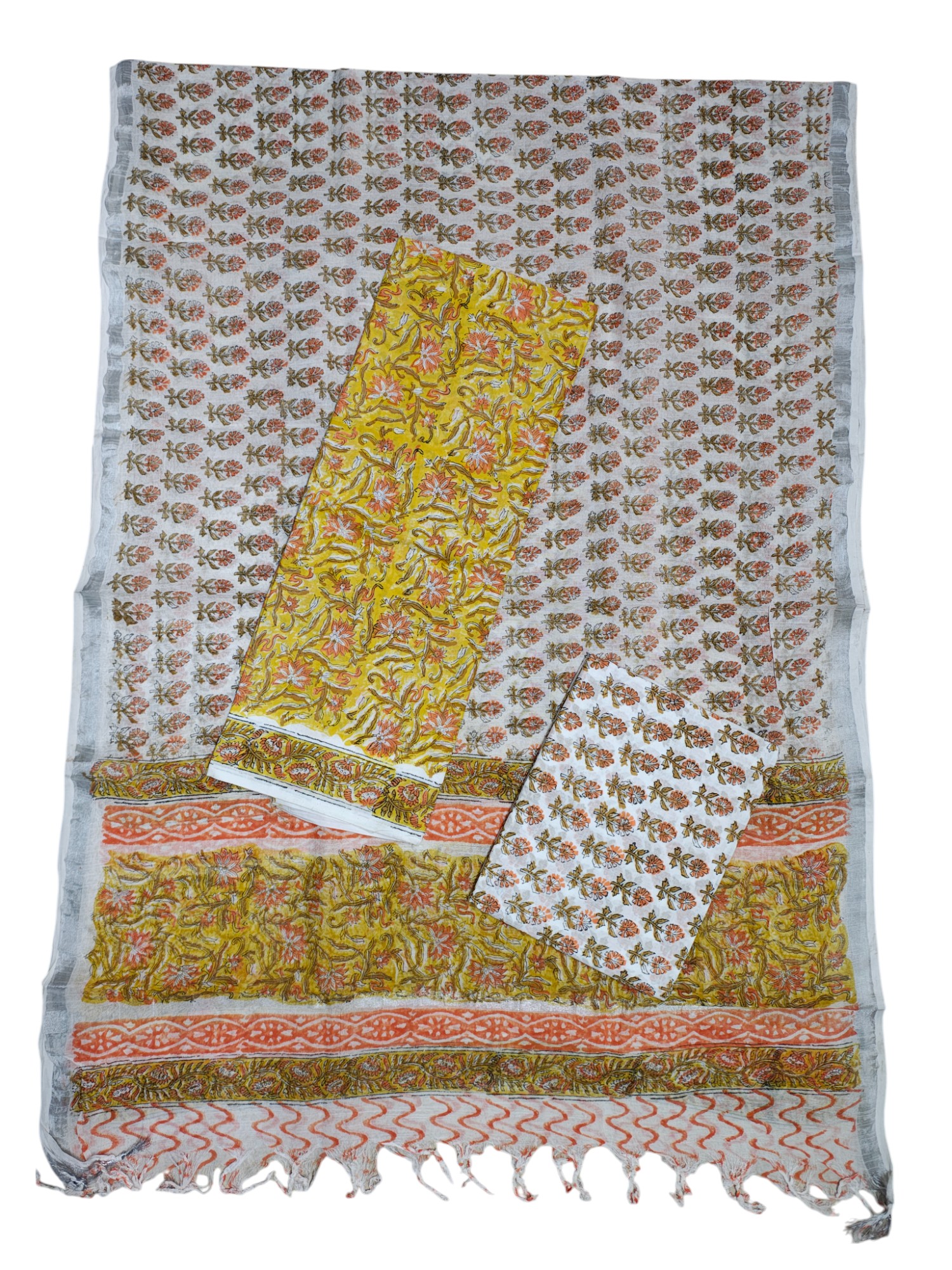 Yellow Sanganeri block Print Linen Unstitched Salwar Suit Set