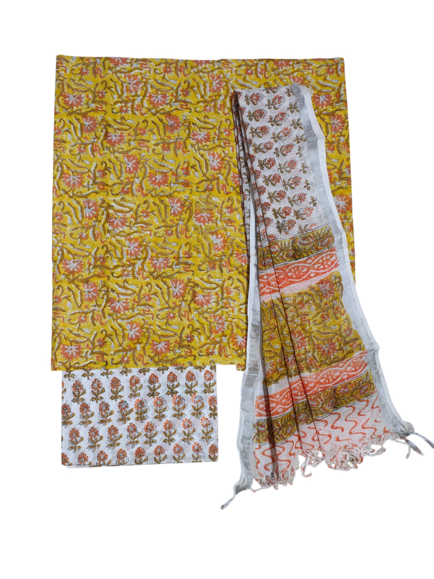 Yellow Sanganeri block Print Linen Unstitched Salwar Suit Set