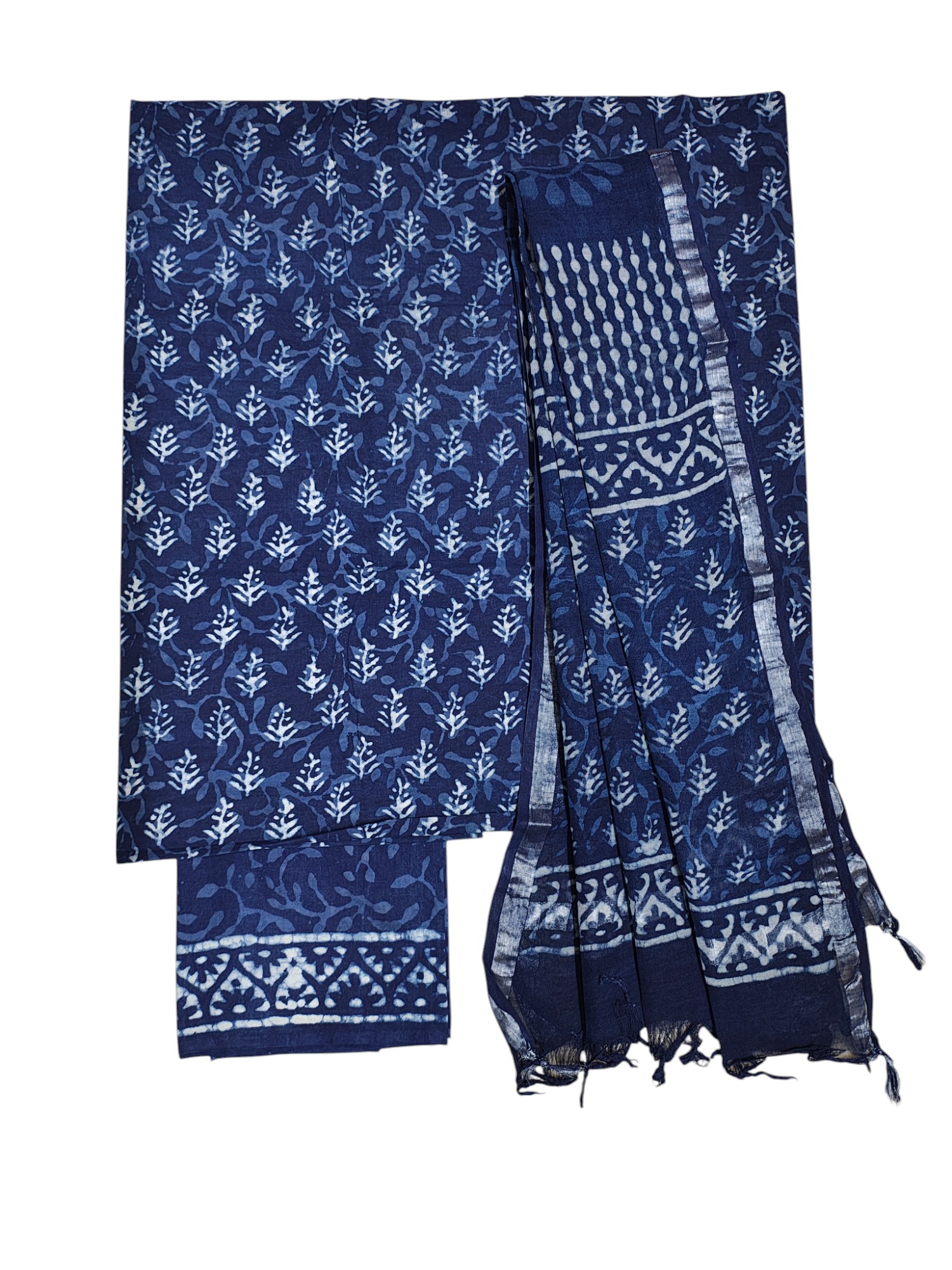 Indigo Dabu Print Pure Cotton Dress Material with Linen Dupatta