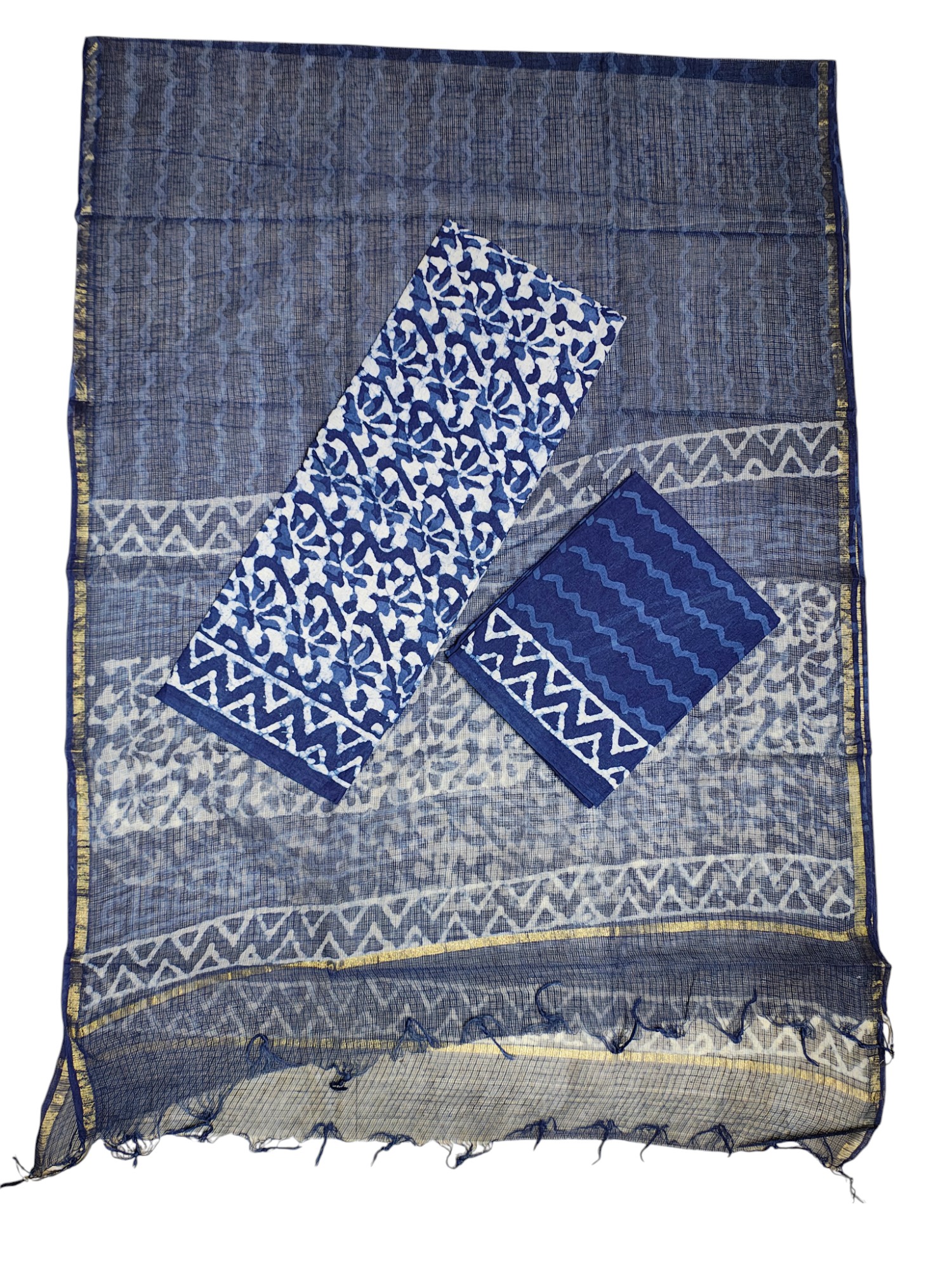 Indigo Dabu Hand Block Print Kota Doria Dress Materials