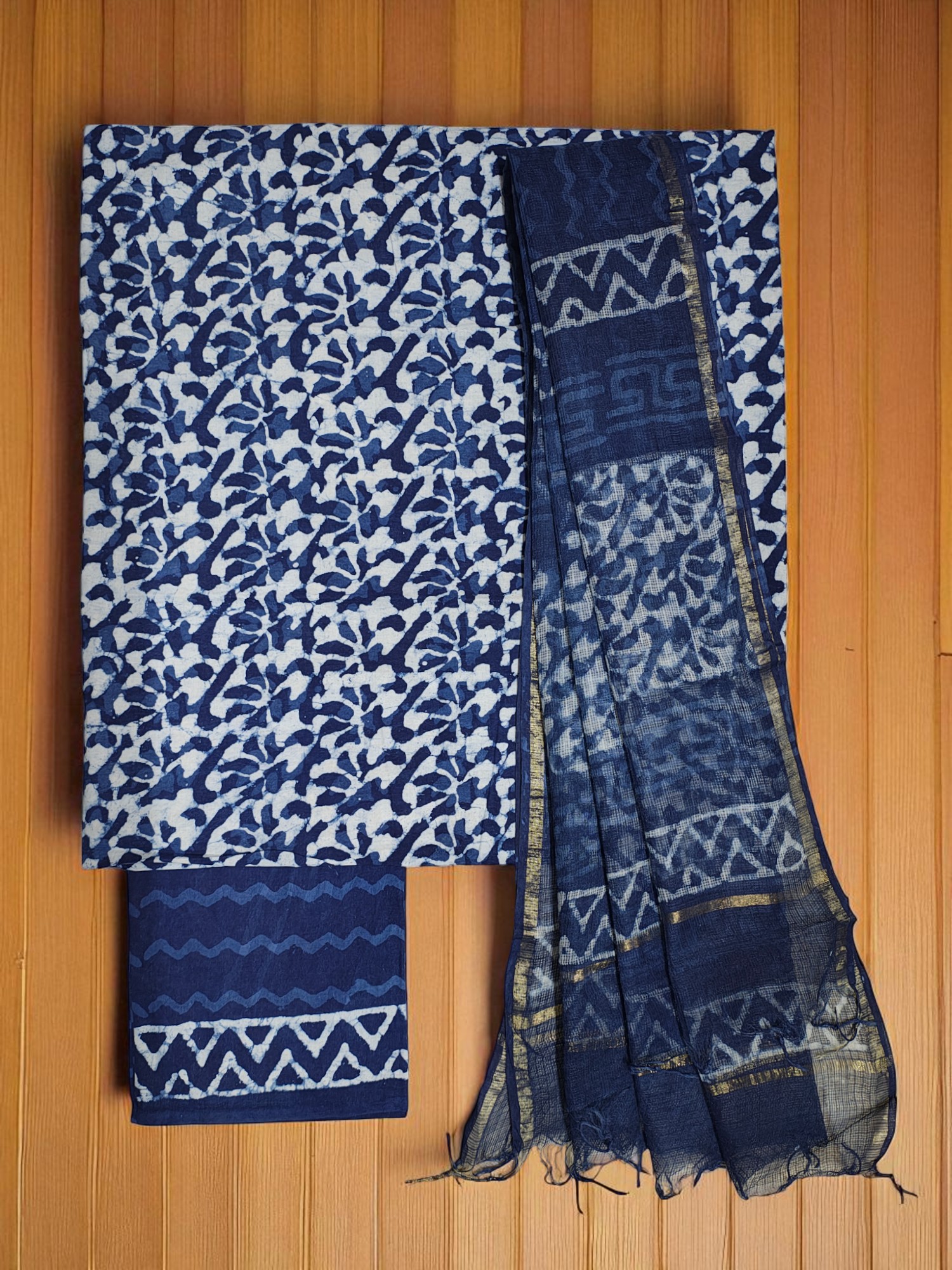 Indigo Dabu Hand Block Print Kota Doria Dress Materials