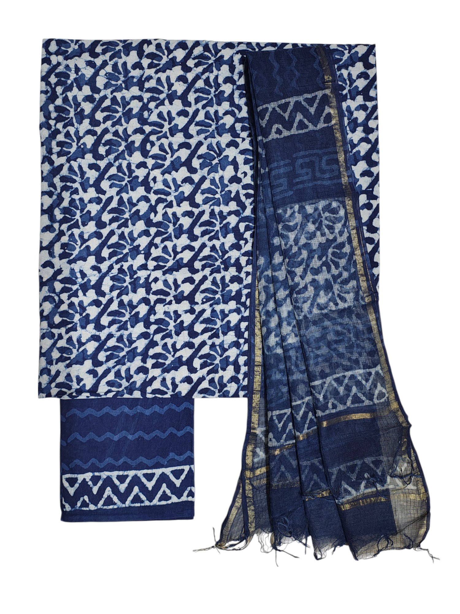 Indigo Dabu Hand Block Print Kota Doria Dress Materials