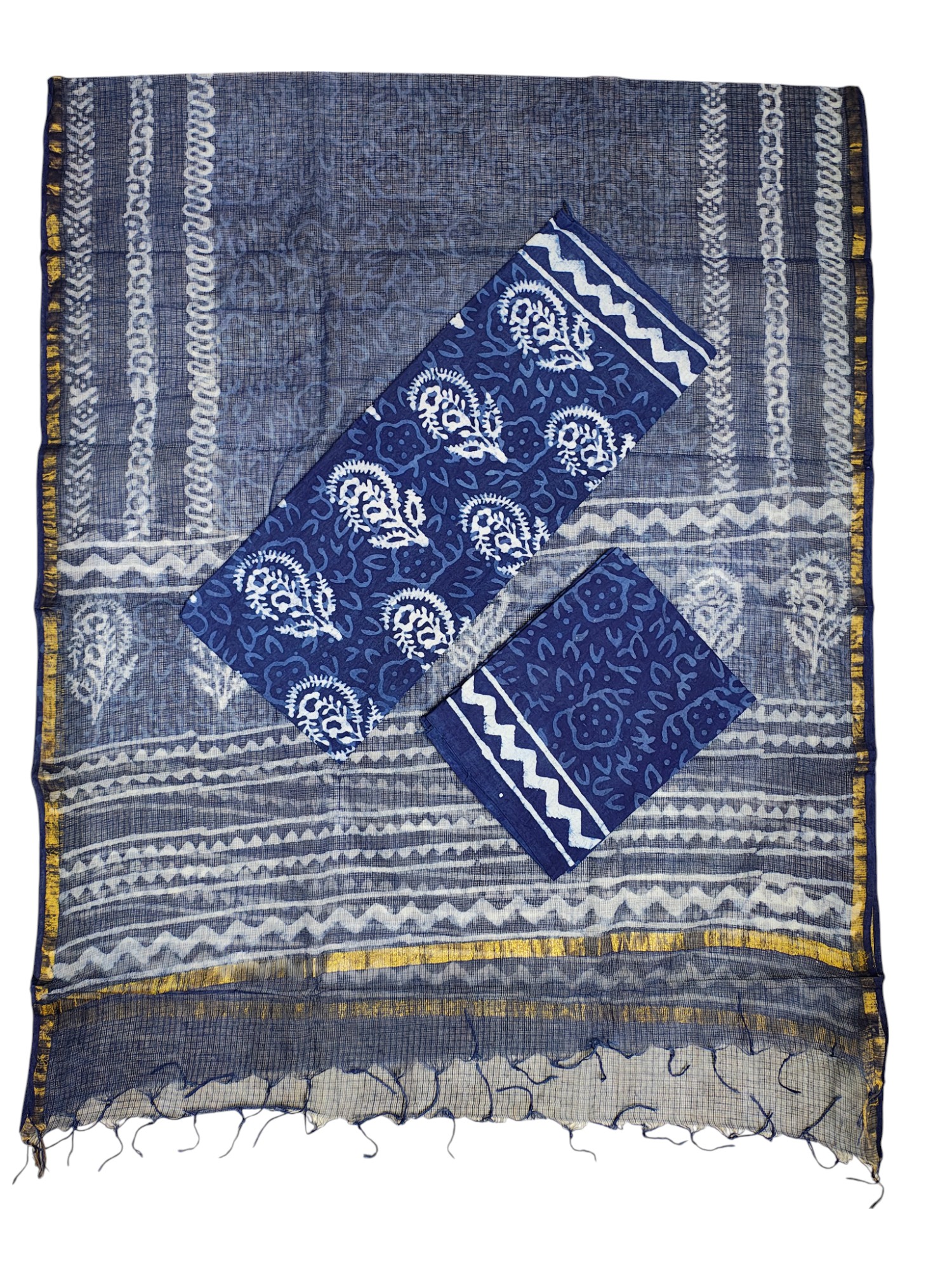 Indigo Dabu Print Kota Doria Unstitched Salwar Suit Set