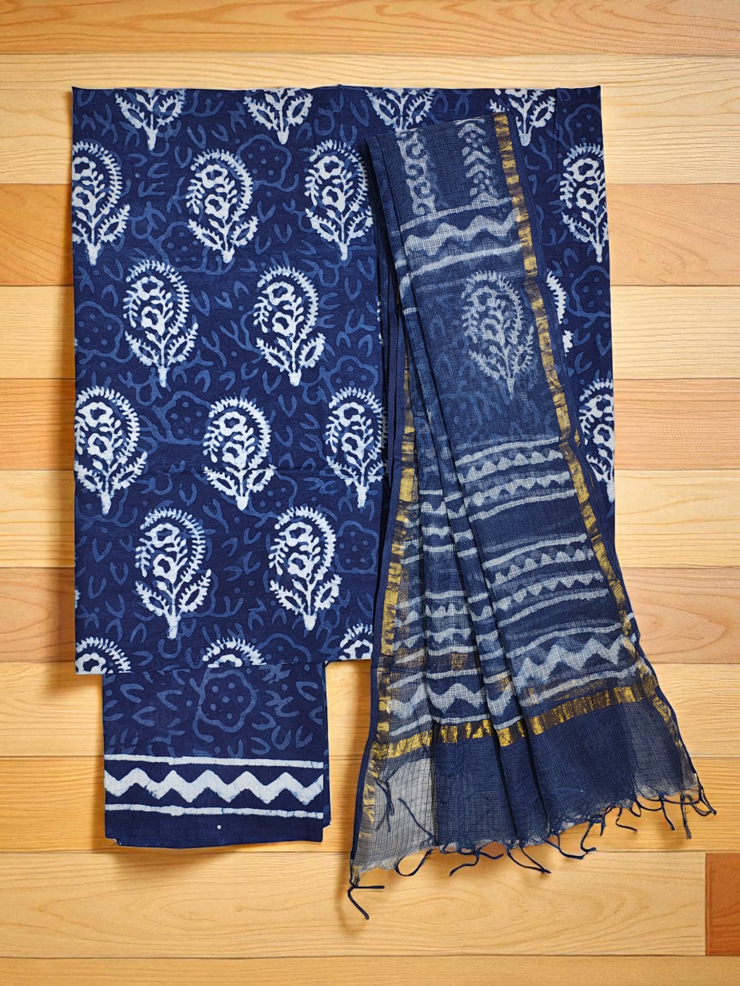 Indigo Dabu Print Kota Doria Unstitched Salwar Suit Set