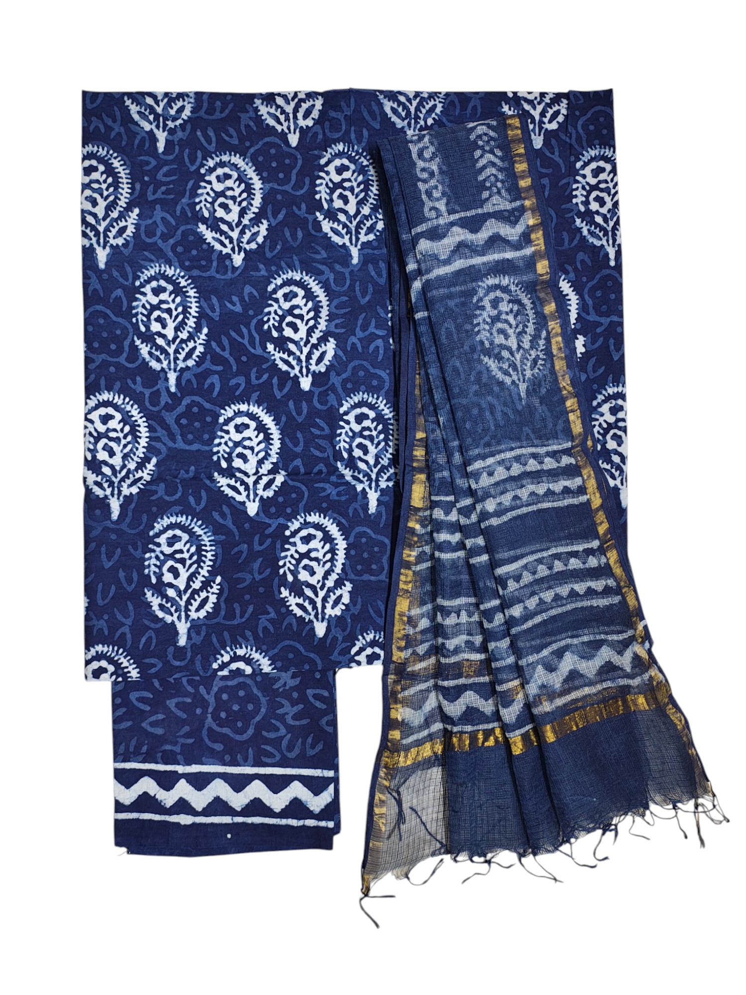 Indigo Dabu Print Kota Doria Unstitched Salwar Suit Set