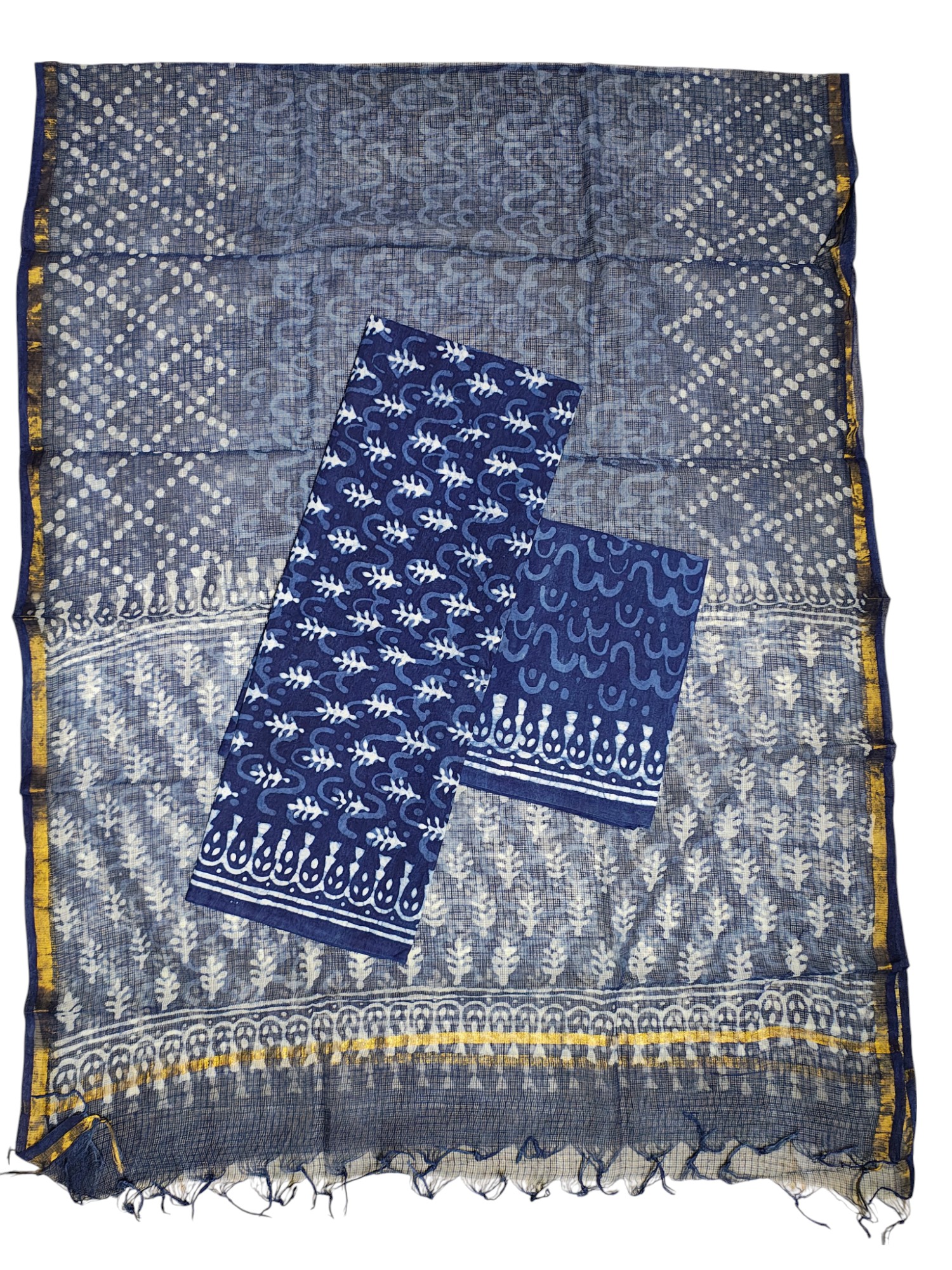 Indigo Dabu Print Kota Doria Dress Materials