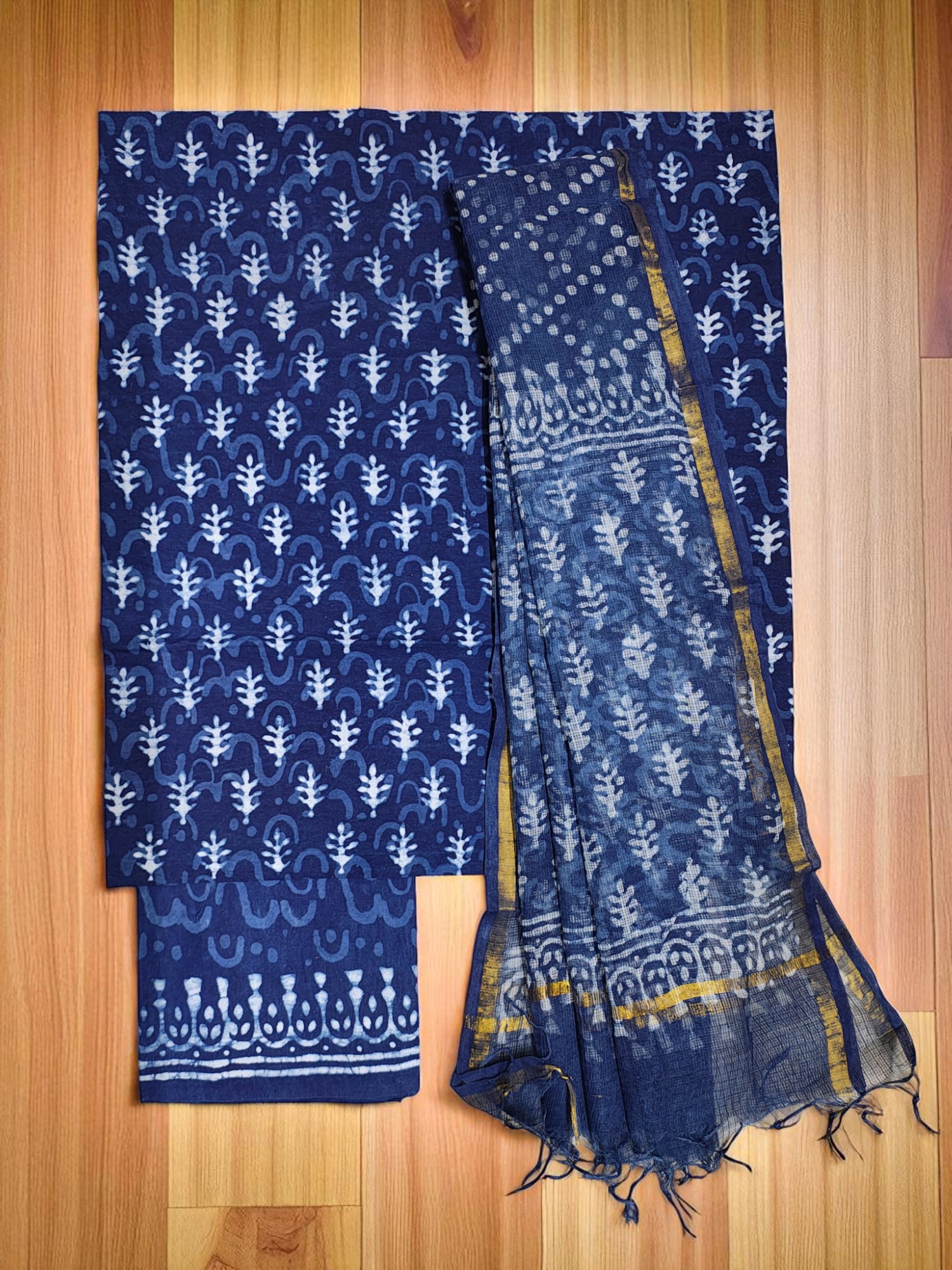 Indigo Dabu Print Kota Doria Dress Materials