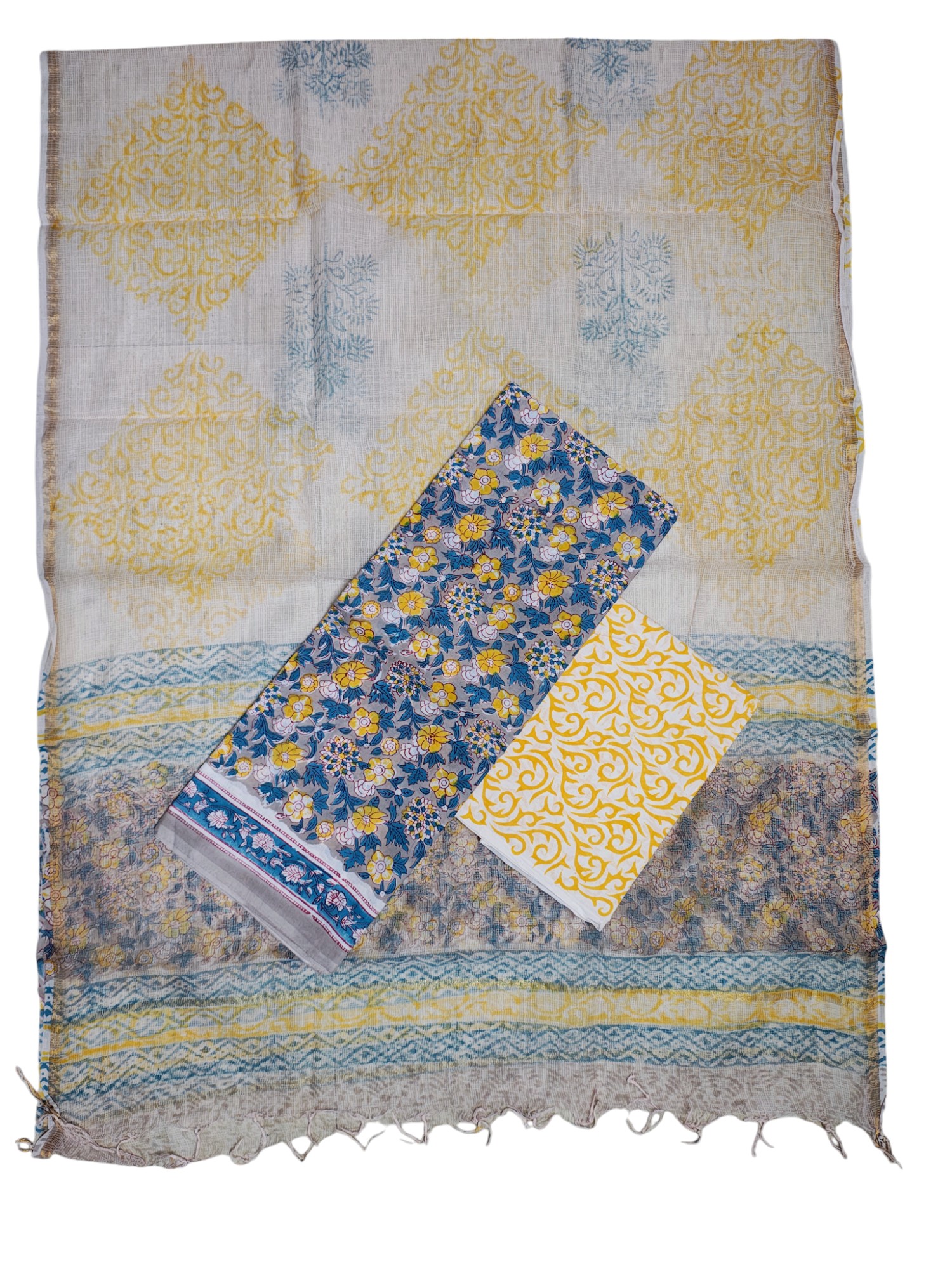 Yellow Hand Block Print Kota Doria Dress Materials