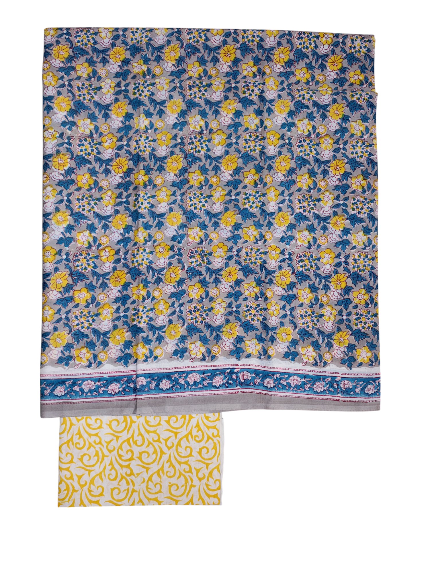 Yellow Hand Block Print Kota Doria Dress Materials