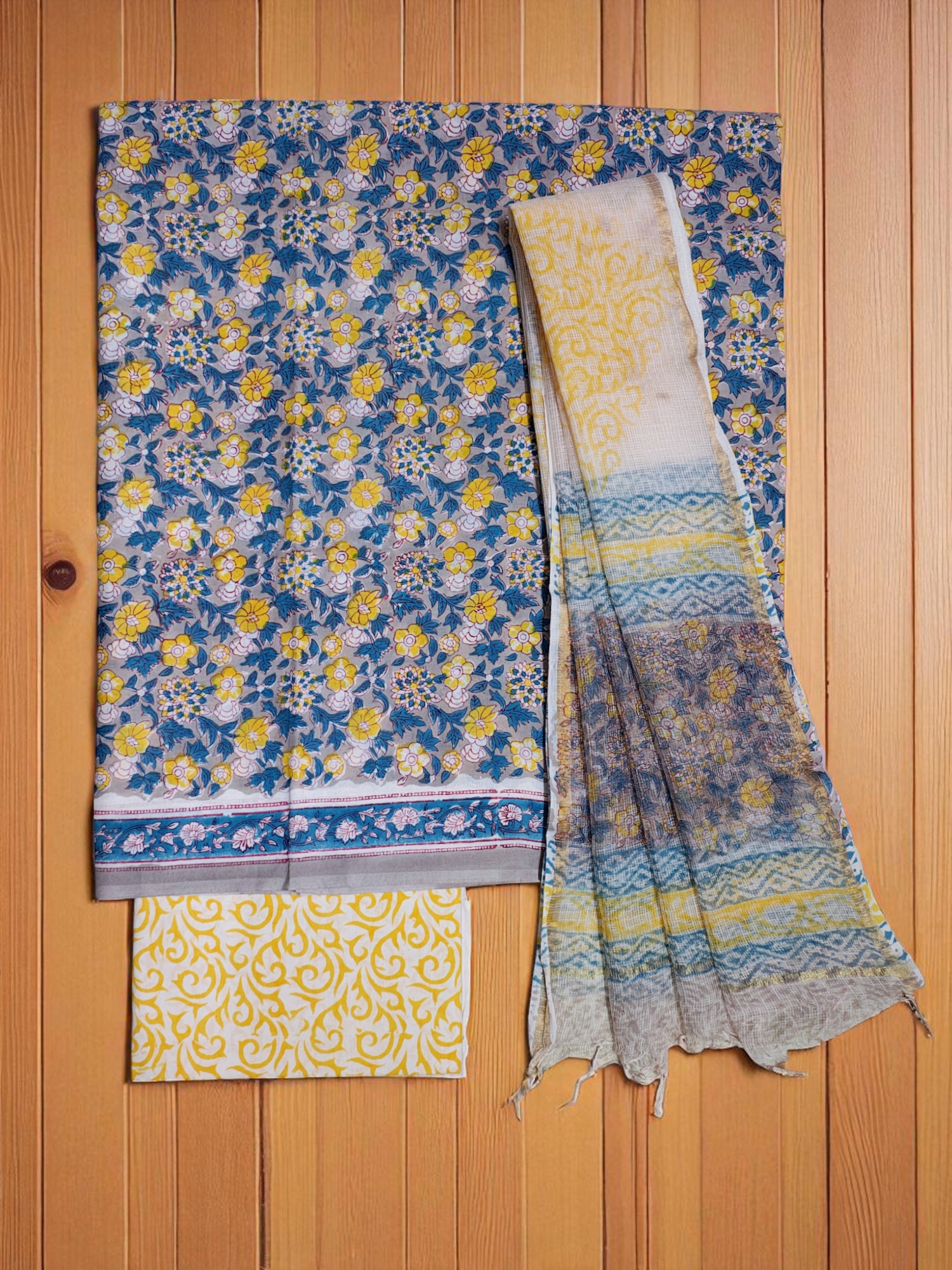 Yellow Hand Block Print Kota Doria Dress Materials