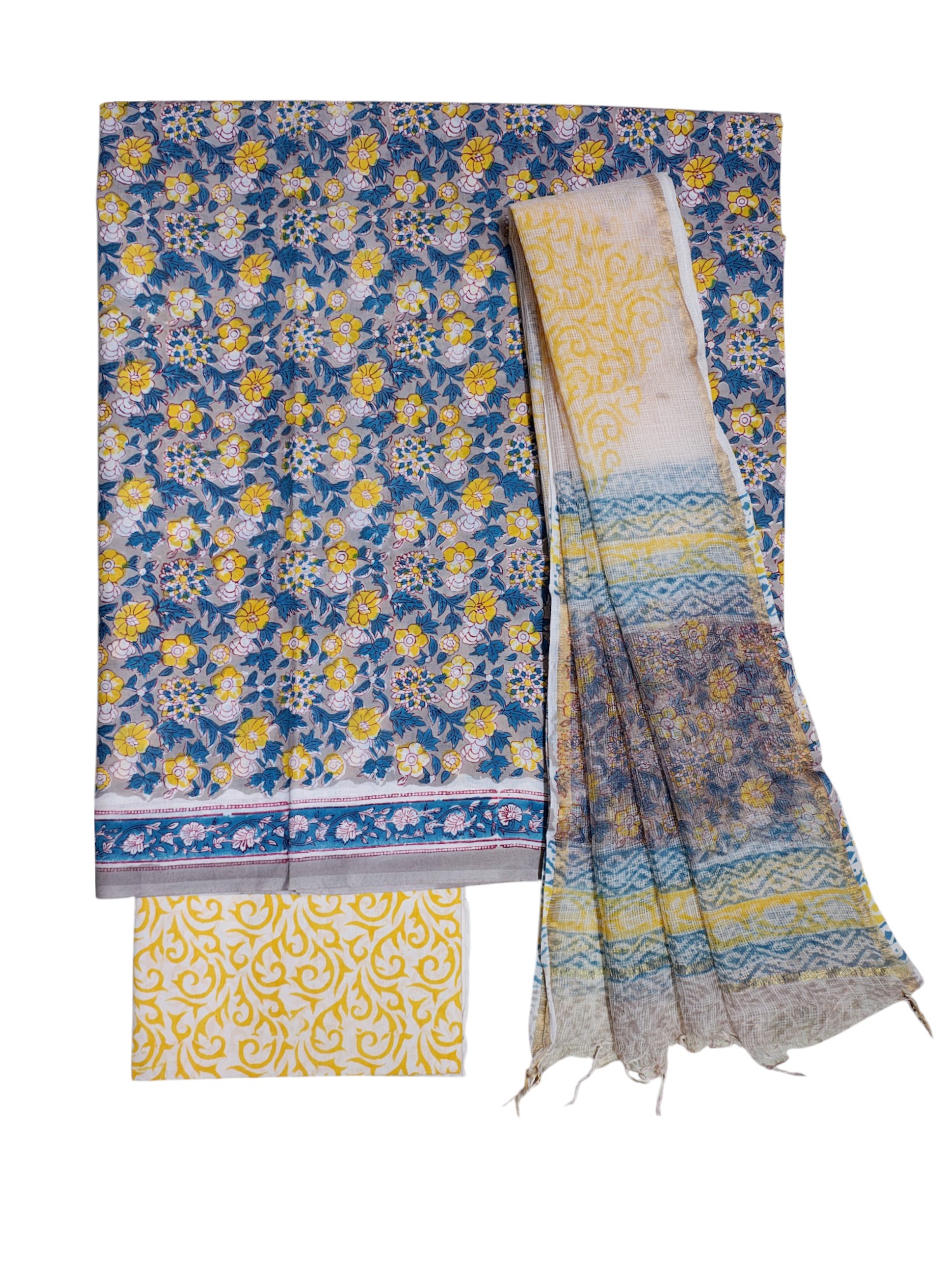 Yellow Hand Block Print Kota Doria Dress Materials
