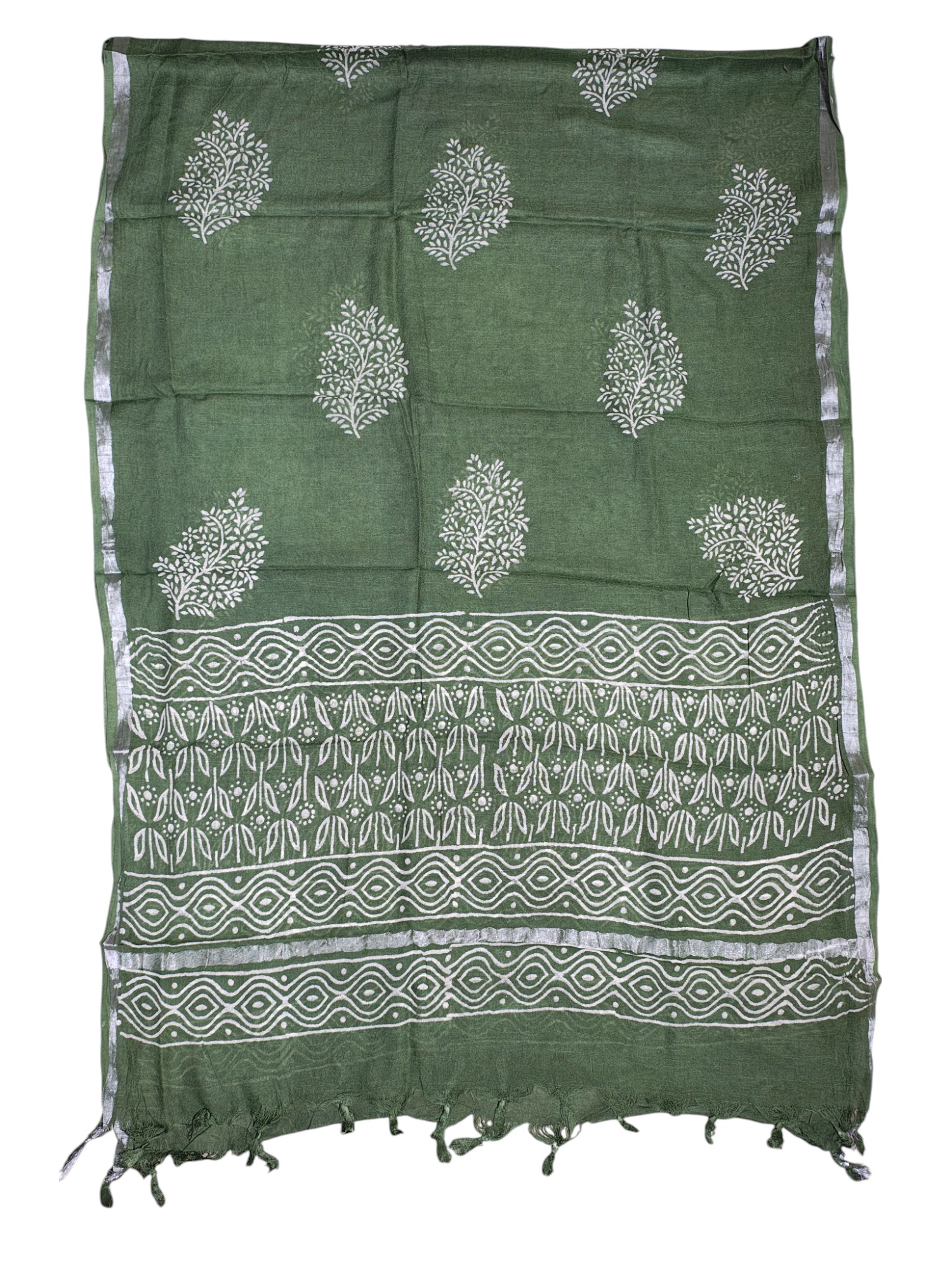 Green Kantha Sanganeri Print Unstitched Salwar Suit Set with Linen Dupatta