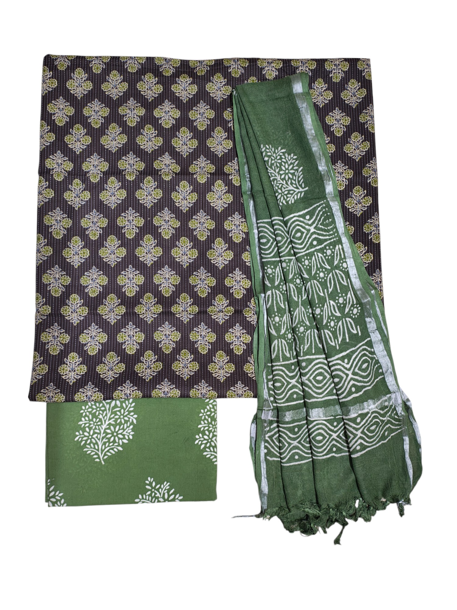 Green Kantha Sanganeri Print Unstitched Salwar Suit Set with Linen Dupatta