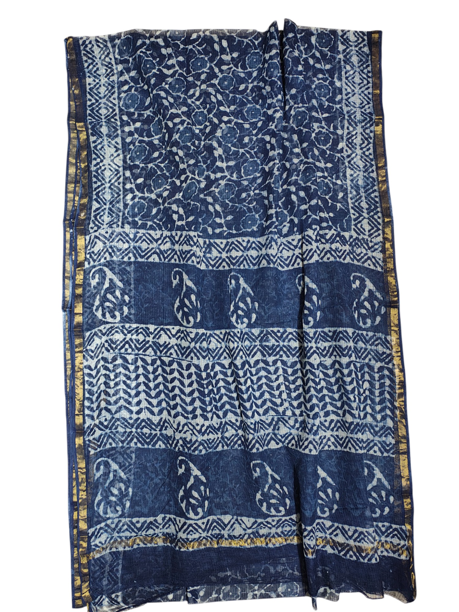 Indigo Kota Doria Hand Block Print Saree for Women