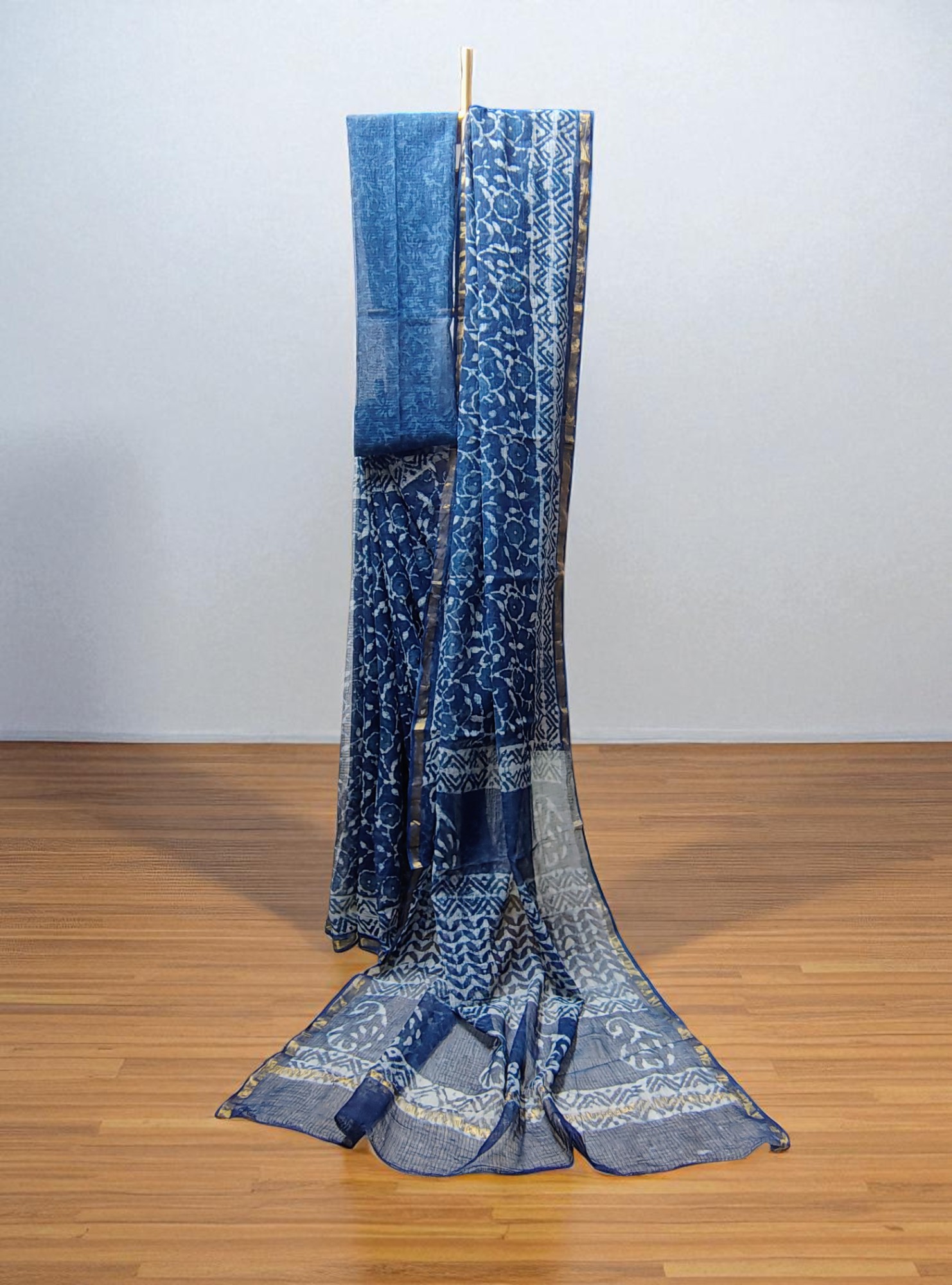 Indigo Kota Doria Hand Block Print Saree for Women