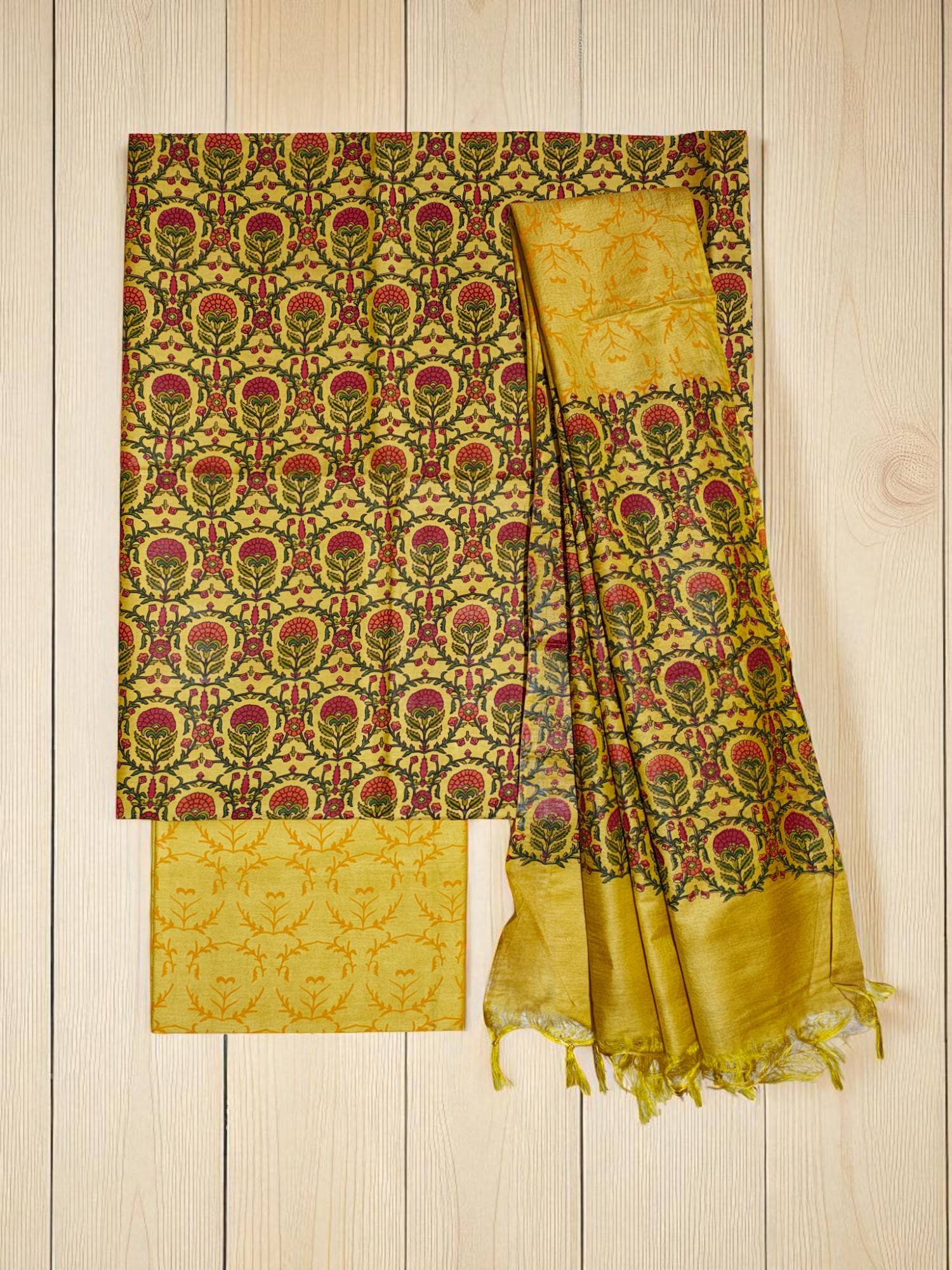 Green & Yellow Ajrakh Print Silk Salwar Suit Set with Dupatta