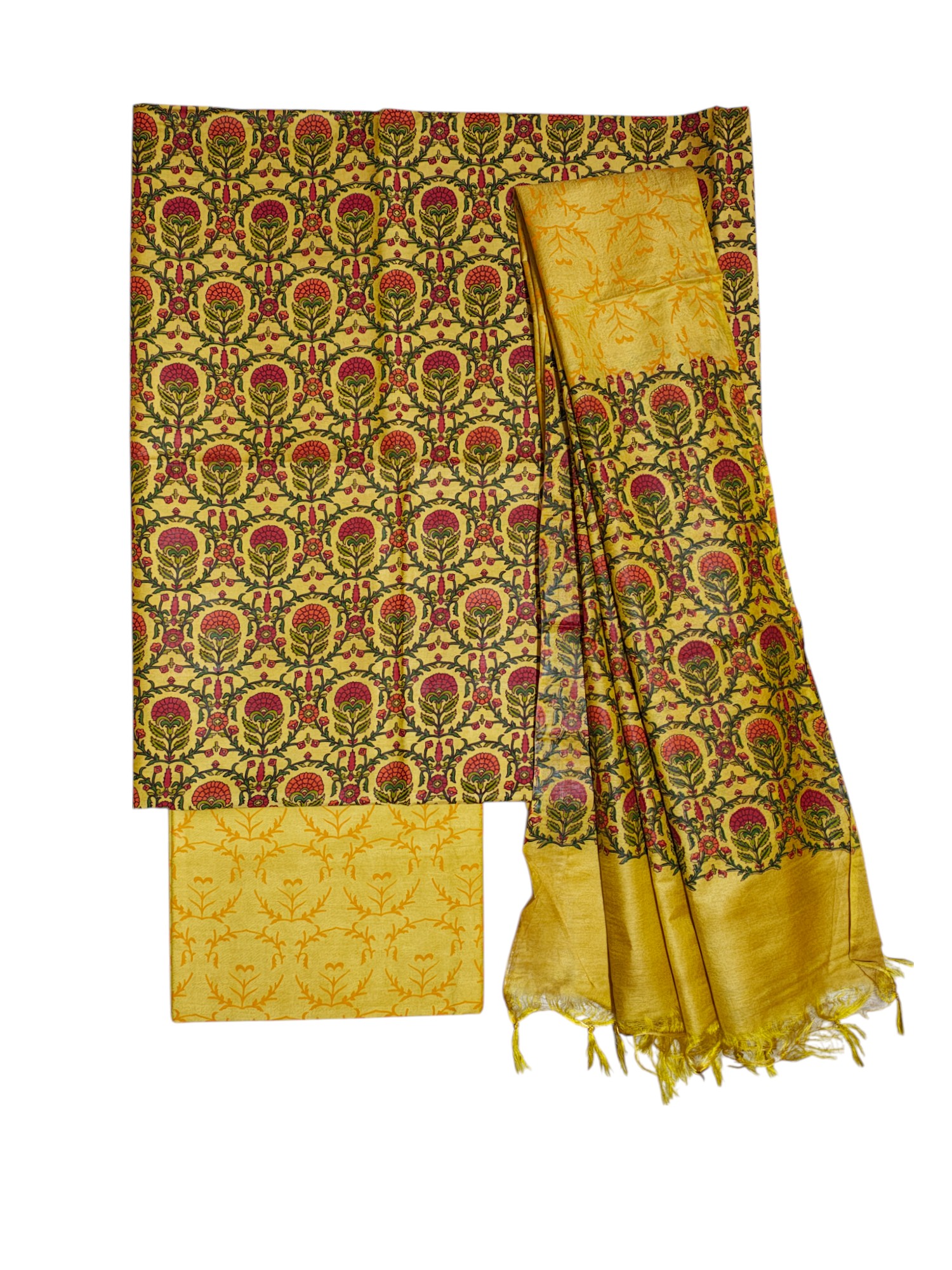 Green & Yellow Ajrakh Print Silk Salwar Suit Set with Dupatta