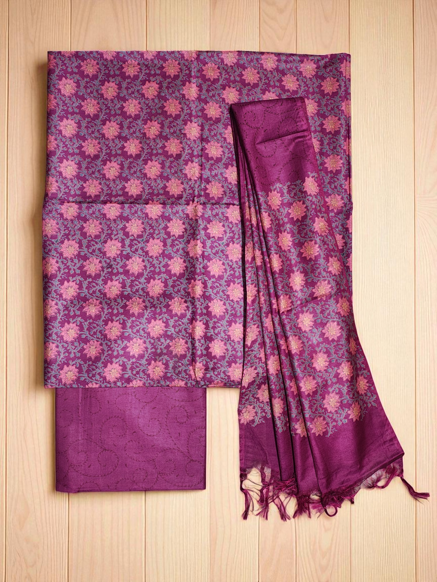 Magenta Pink Unstitched Block Print Silk Salwar Suit Dress Material with Dupatta