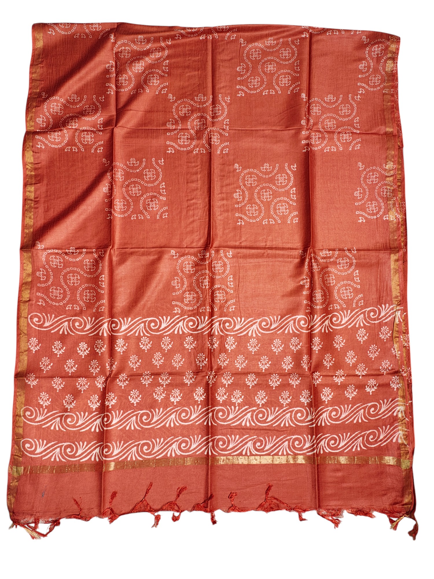 Orange Unstitched Block Print Silk Salwar Suit Dress Material with Dupatta